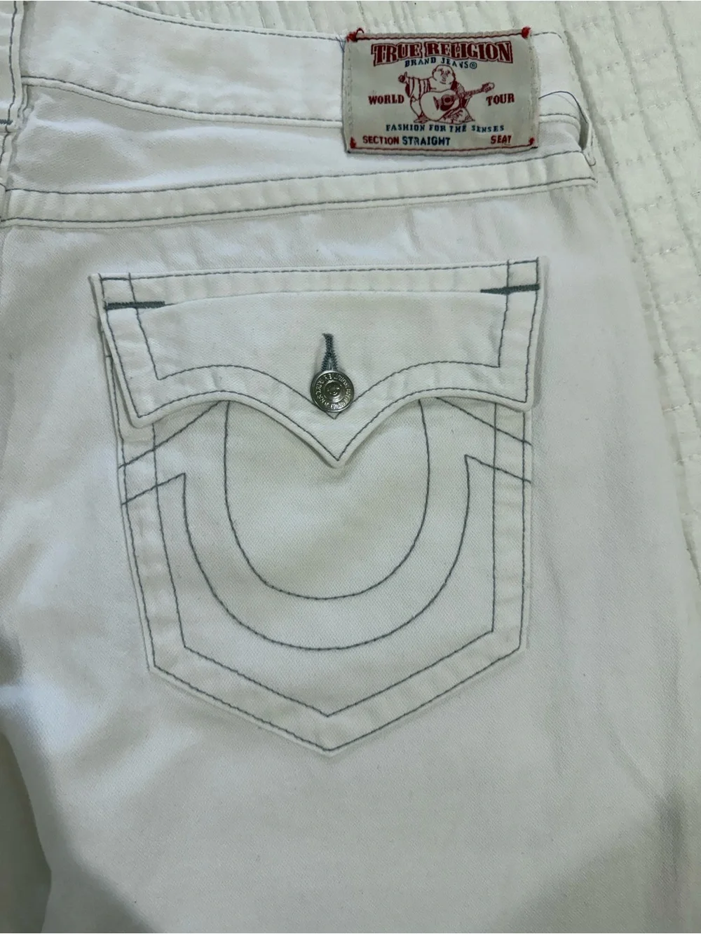 True Religion Cream White Straight Jeans Label Detail